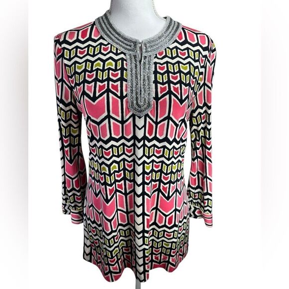 Tory Burch Tunic Silk Beaded Resort Cover Up Beach Pink Retro Preppy M - Picture 1 of 14